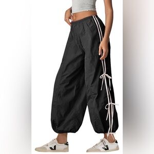 Athleisure Tie-Side Wide Leg Track Pants – Black w/ White Stripes NWT